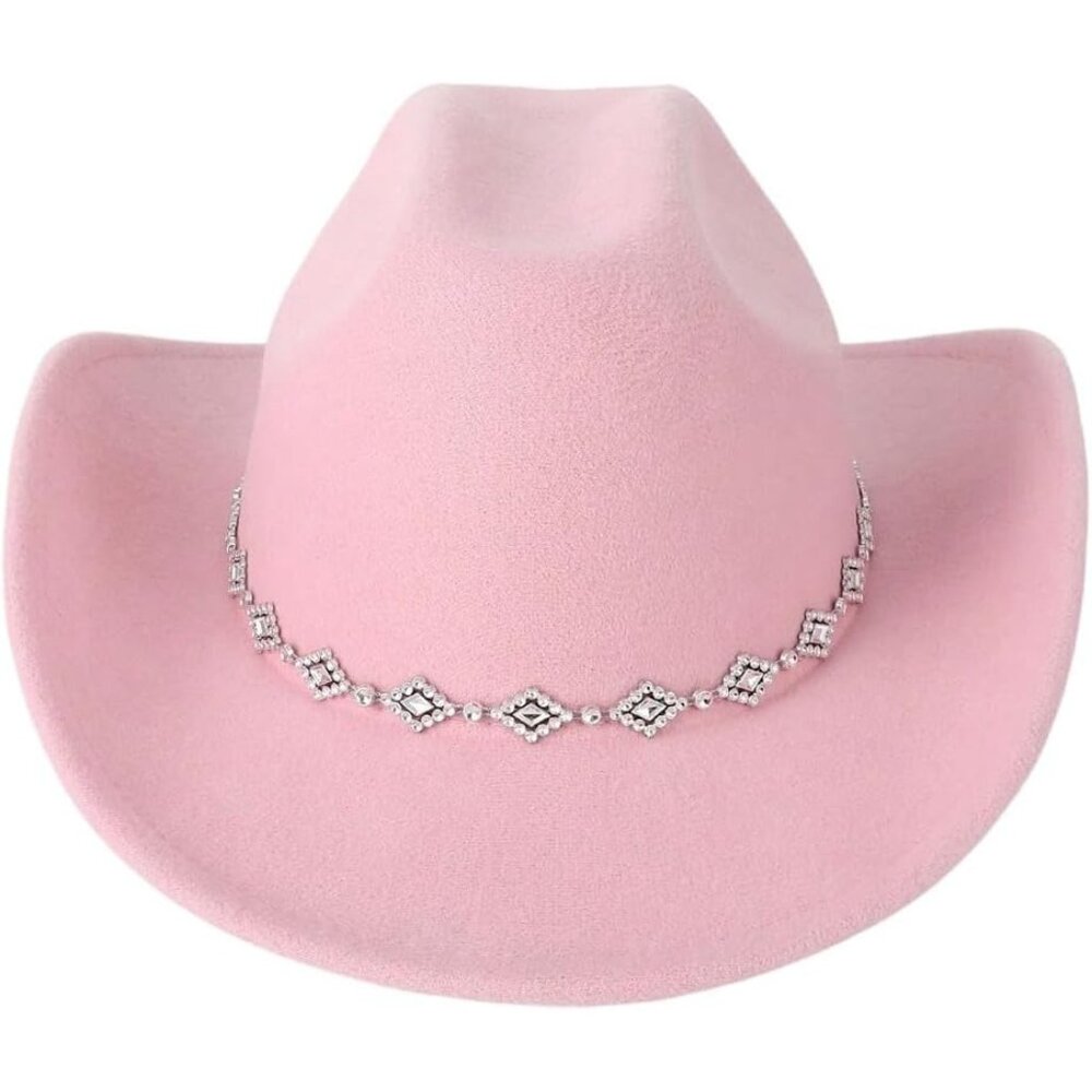 Verdusa Women Coral Pink 100% Polyester Rhinestone Diamond Chain Cowboy Felt Hat